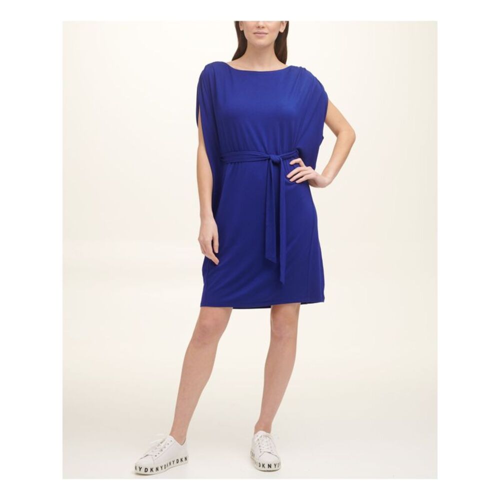 Nwt Dkny Womens Blue Belted Shirred Sleeves Above The Knee Shift Dress S